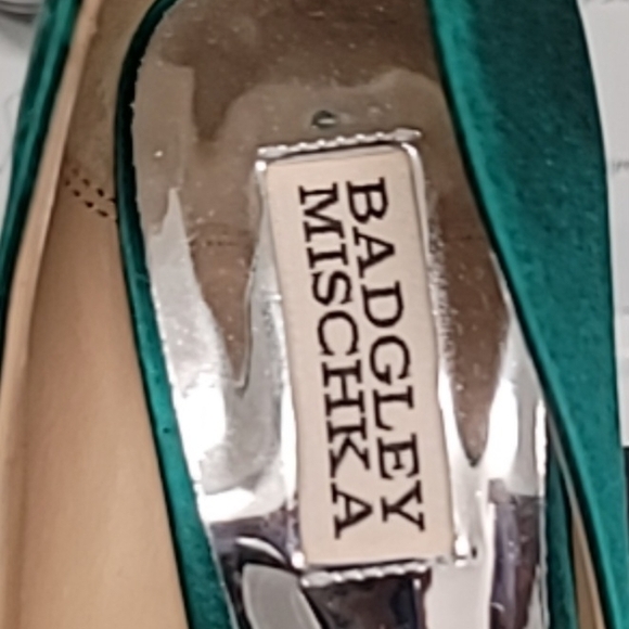 Badgley Mischka Teal Satin Heels with Crystal Detail - Picture 2 of 4